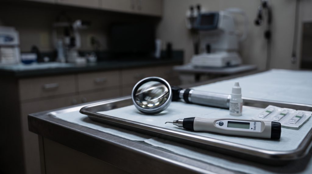 Ophthalmic instruments, including a tonometer, on an exam room tray